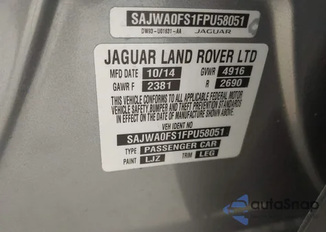 2015 Jaguar Xf 2.0T Premium из США, поврежденный, VIN SAJWA0FS1FPU58051